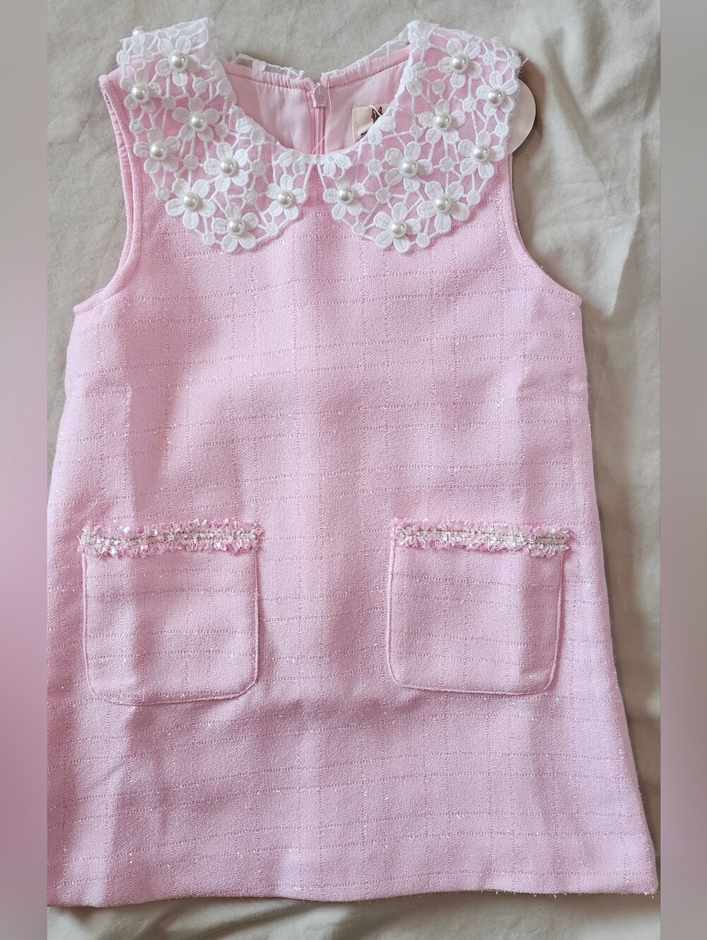 Doe A Dear Pink Toddler Dress with Pearl Floral Peter Pan Collar 6T